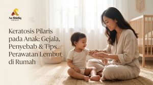 Seorang ibu sedang mengoleskan pelembap pada lengan balita untuk merawat keratosis pilaris atau kulit ayam