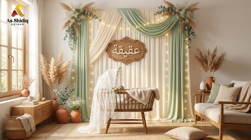 Dekorasi aqiqah minimalis sederhana di ruang tamu rumah dengan ayunan bayi dan backdrop kain pastel.