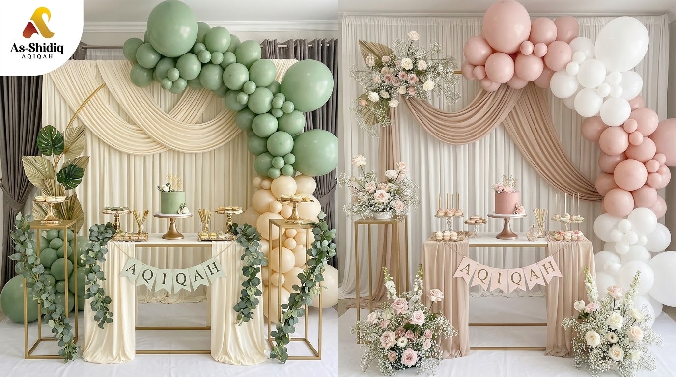  Pilihan tema warna dekorasi aqiqah anak laki-laki sage green dan anak perempuan dusty pink. 