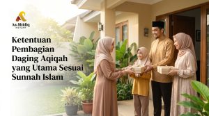 Keluarga sedang membagikan paket nasi box daging aqiqah matang kepada tetangga sesuai ketentuan sunnah