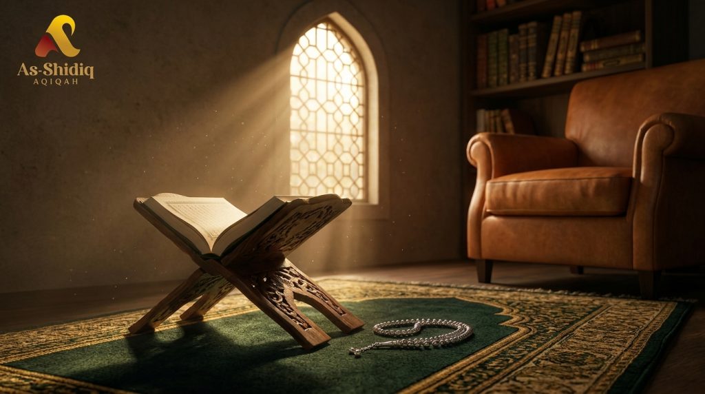 Mushaf Al Quran dan tasbih di atas sajadah melambangkan doa anak sholeh untuk orang tua yang meninggal dunia